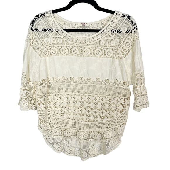 Miss Kelly 1999 Cream Small S Open Knit Crochet 3/4 Sleeve Top Knit Lace Sheer - Picture 1 of 9